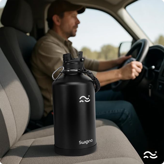 Swigina Insulated Water Bottle with Silicone Boot (36hrs Cold/18hrs Hot) - DIY Stickers, [2-in-1 Lid], BPA Free, 128 oz