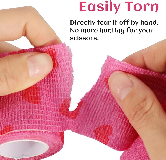 24 Rolls Elastic Self Adhesive Bandage Wrap 2 inch, Breathable Non Woven Cohesive Bandage, Vet Wrap for Dogs, Ankle Sprains Swelling Tape, Sports Athletic Tape (Pink Heart)