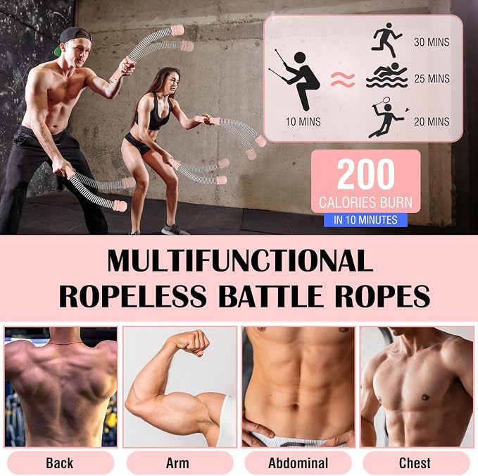 2PCS Portable Ropeless Battle Ropes with Adjustable Weight Rings | Cordless Battle Rope for Home Gym, HIIT Workout, Low-Impact Cardio, Strength Training, Fitness Equipment for Women & Men