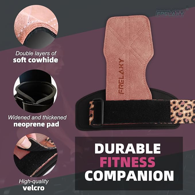 Frelaxy Lifting Wrist Straps for Women and Men, Weight Lifting Grips | Double-layer leather, Cushioned wrist support, Durable construction, Storage pouch, Deadlifts, rows, lat pulldowns
