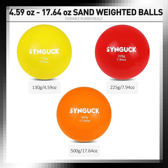 SYNGUCK 3 Pack Plyometric Weighted Balls for Baseball & Softball | 4.6/7.9/17.6 oz, Improve Power, Pitching, Hitting, Perfect for Yoga, Fitness, Plyometrics, All Skill Levels