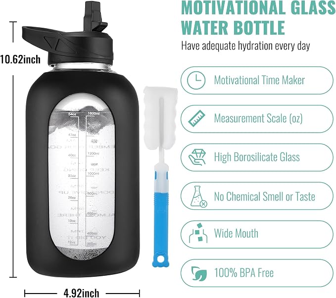 CIVAGO 64 oz Glass Water Bottle with Straw, Half Gallon Large Water Jug | Motivational, Time Marker, Leakproof Lids, Wide Mouth, Flask Cup with Handle and Silicone Sleeve, for Juices, Sage
