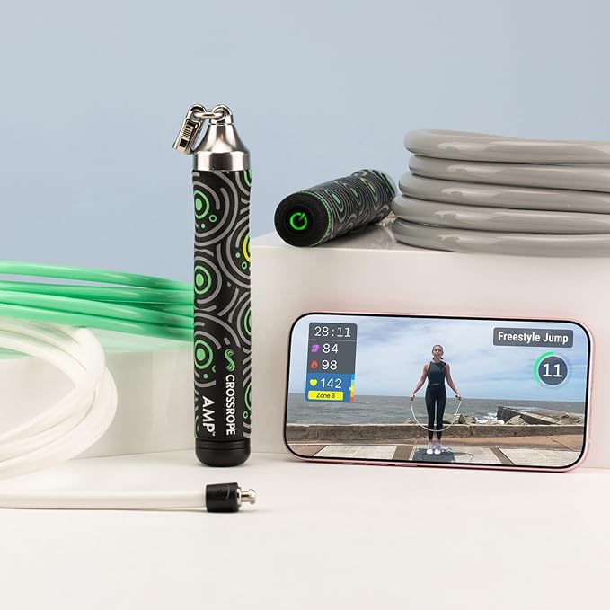Crossrope AMP Smart Jump Rope Set with Interchangeable Weighted Ropes | Bluetooth-connected handles with 1/4, 1/2 & 1 lb ropes for app-guided cardio, HIIT, and strength workouts. Membership Req.