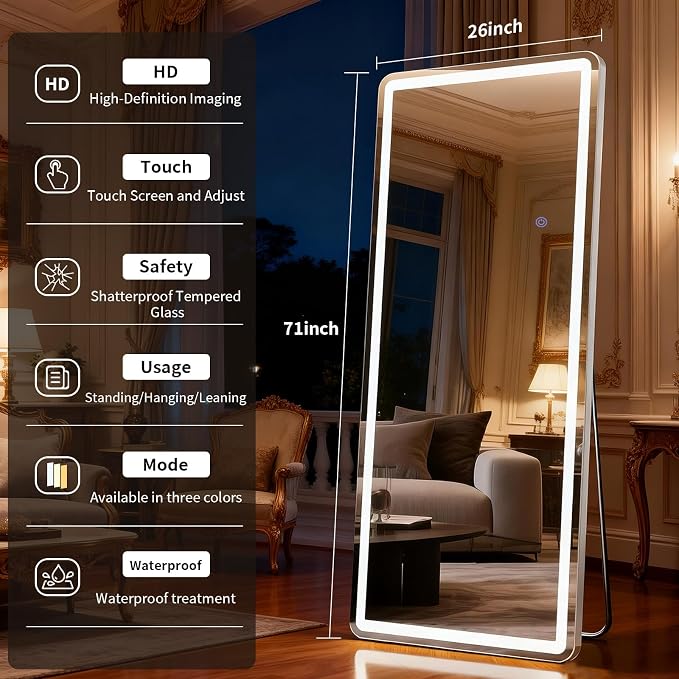 LED Full Length Mirror with Dimming &3 Color Lighting 26 x 71 | Floor Mirrors with Lights Lighted Mirrors Wall for Bedroom Dressing Room Checkroom Standing Leaning or Hanging White Rect