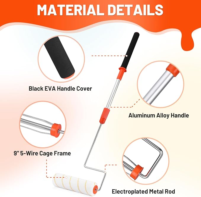 ValueMax 7PCS House Paint Roller Kit, 9" Extendable Roller Frame with 6 Microfiber Replacement Covers 1/2" Nap, Adjustable 18"-36" Painting Tool for Walls, Ceilings, Floor, Furniture | 6 Microfiber Roller Covers, 3/8" Nap Thickness, Adjustable 18"- 36"...