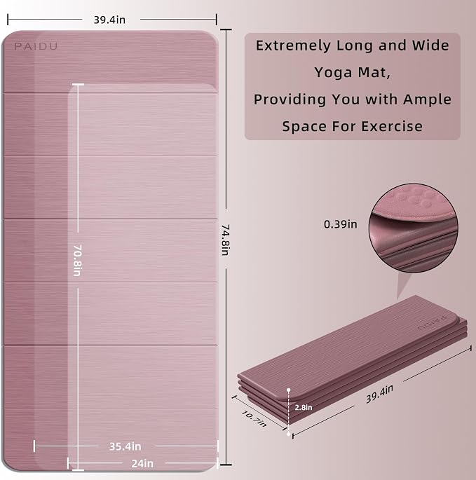 PAIDU Foldable Yoga Mat (10MM) 75‘’x40‘“ Quick Fold，Easy Storage | TPE Non-Slip Design, Ea Extra Long/Wide for Indoor Yoga, Pilates and Outdoor Travel Workouts