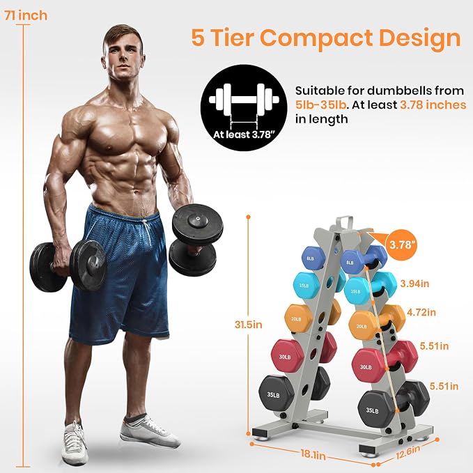 TomCare 6-Tier|5-Tier|4-Tier|2-Tier Dumbbell Rack Stand Only for Home Gym | Stable A-Frame, Fits 5–35 lb Dumbbells, Protective Padded Cradles, Adjustable Feet, Easy-Carry Handle (Stand Only)