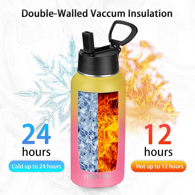 Insulated Water Bottle With Straw, 32 oz Vacuum Insulated Stainless Steel Sports Water Flask, Keeps Cold and Hot, Metal Water Bottle Wide Mouth for Gym Travel Camping (Yellow&Pink)
