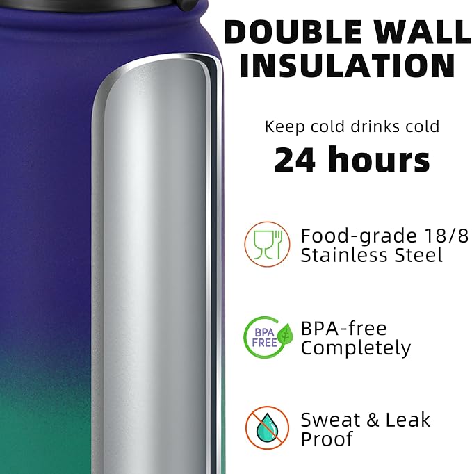 Fanhaw 24 oz Insulated Stainless Steel Water Bottle with Anti-Dust Chug Lid, Leakproof Vacuum Metal Everyday Use Bottle for Kids, Teens & Adults, Back to School Essentials (Purple Green)