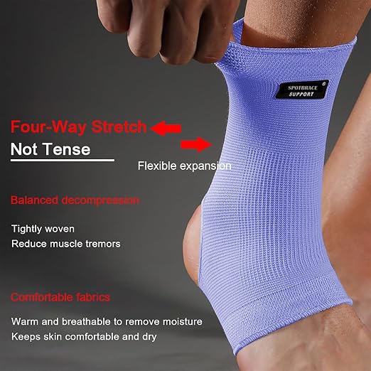 SPOTBRACE Ankle Brace Compression Sleeve, Ankle Support For Women Men 2Pack | Elastic, Open Heel, Purple, Breathable, Thin, Soft, Foot Compression Sock Wrap for Swelling, Plantar Fasciitis, Sprain, M