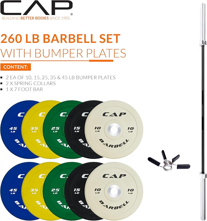 CAP Barbell Olympic Weight Set with 7ft Barbell & Bumper Plates | 160-370 lbs | Multiple Options