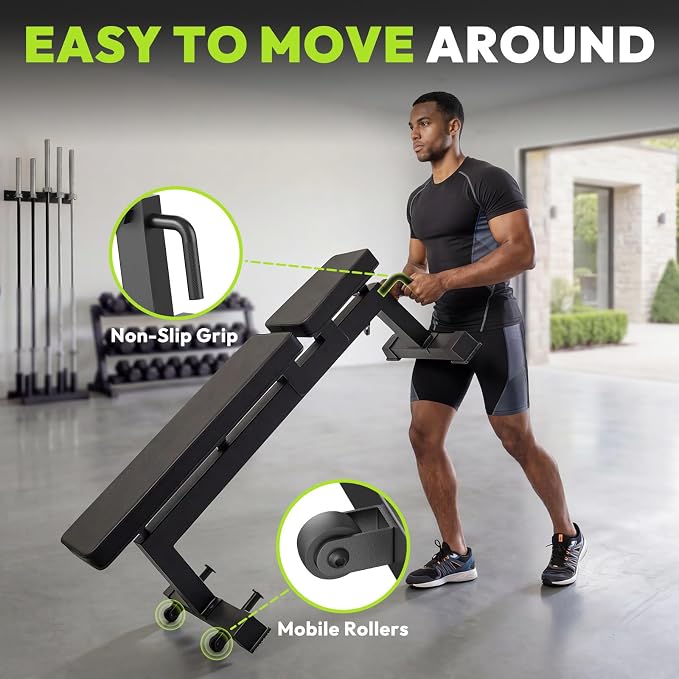 HANDBODE Adjustable Weight Bench, 1500 lb Incline Workout Bench, Home Gym | 0 To 85 Degree Backrest, Three Seat Angles, Steel Frame, Wheels And Handle, Foldable Storage, Chest Presses, Dumbbell Rows