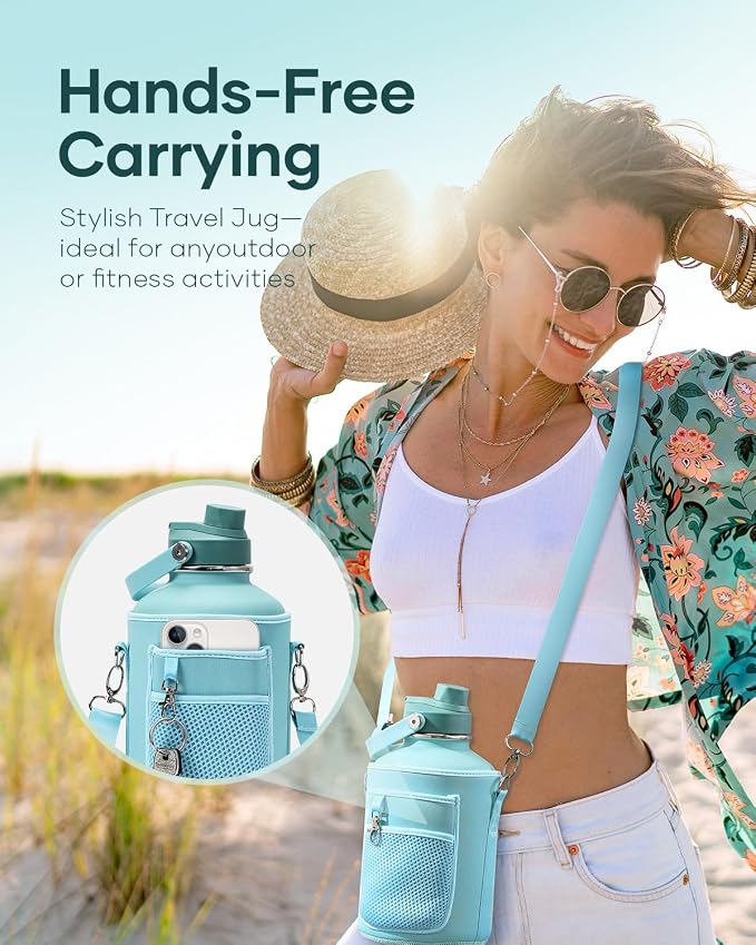 BUZIO 64 oz Insulated Stainless Steel Water Bottle with Dust-proof Lids | Half Gallon Water Jug, Cold for 48 Hrs, Triple Wall with Copper Plating, Leakproof, Non-BPA, for Gym, Hiking, Camping, Black