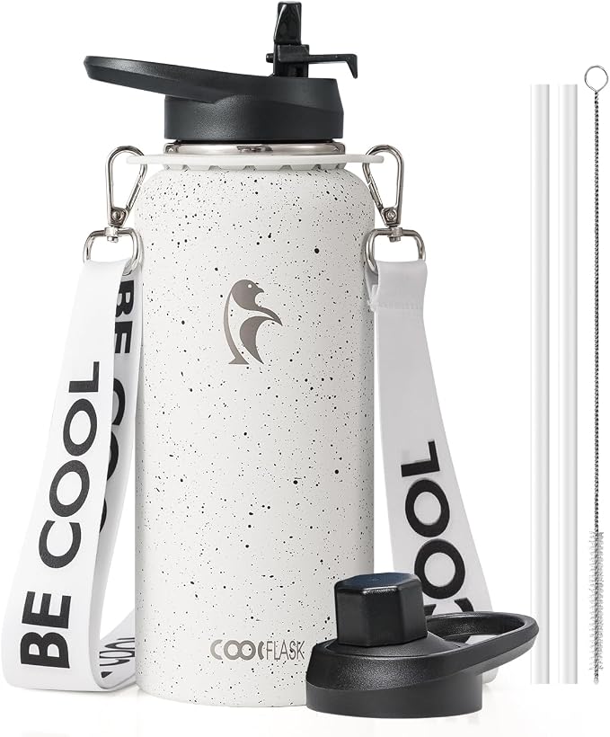 Coolflask 32 oz Water Bottle Insulated Stainless Steel with Strap | Metal Water Flask with Straw & Spout Lids, Triple-Wall, Cold 48+h, Dishwasher Safe, Leakproof, BPA-Free, for Gym & Hiking