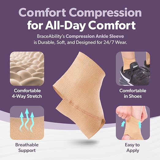 BraceAbility Ankle Compression Sleeve, Ankle Support Brace for Sprained Ankle, Swelling, Tendonitis, Foot Compression Wrap for Running, Ankle Support for Women and Men (Large - Beige)