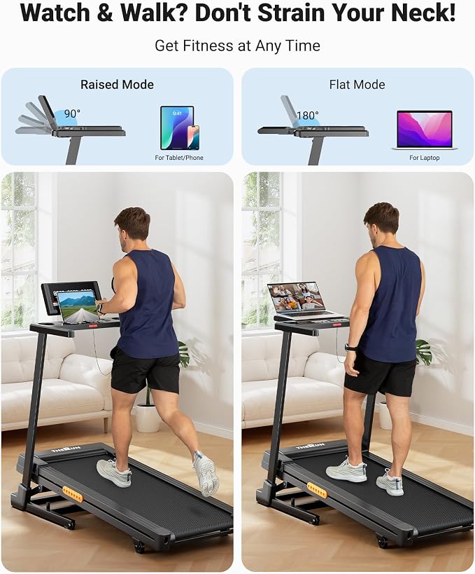THERUN Incline Treadmill, Treadmill with Incline Brushless Motor Treadmill | 12% auto incline, 8.7MPH, quiet brushless motor, foldable treadmill with cup holder, heart rate monitor, computer holder