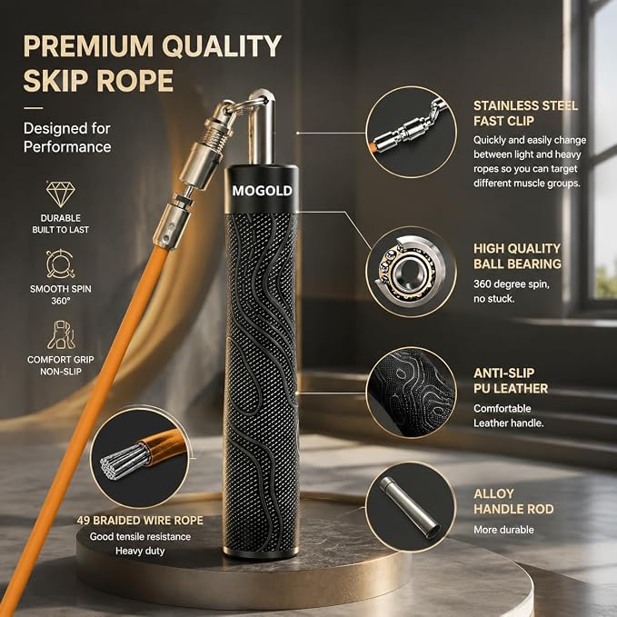 Weighted Jump Rope for Men Women -Interchangeable 1/5lb 1/4lb 1/2lb Heavy jump ropes - 360 Degree Spin - Length Adjustable,Ergonomics Leather Grip Skipping Rope for Fitness Weight Loss & More