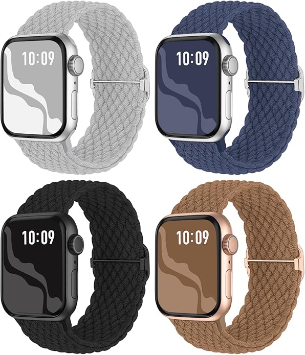 4 Pack Braided Stretchy Bands Compatible with Apple Watch 40mm 41mm 38mm 42mm 44mm 45mm 46mm 49mm Women Men, Breathable Nylon Elastic Daily Use Straps for iWatch Series 11/10 9 8 7 6 5 4 3 SE/Ultra 2