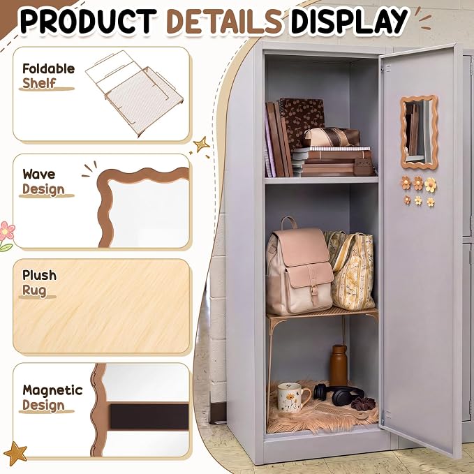 RattanView 10 Pcs Locker accessories Kit Magnetic Acrylic Mirror Plush Rug Small Comb 6 Flower Magnet Locker Organizer for Back to School Teen Student Girl Office Work Lockers Decoration Gift(Brown)