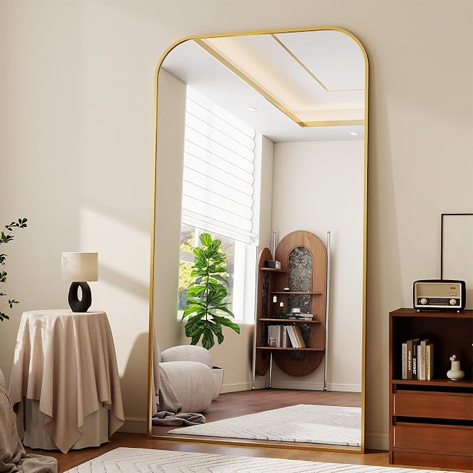 Oversized Full Length Mirror 76"x34" Arched Floor Standing Mirror | Large Full Body Mirrors with Stand - with Aluminum Frame for Bedroom Living Room, Gold