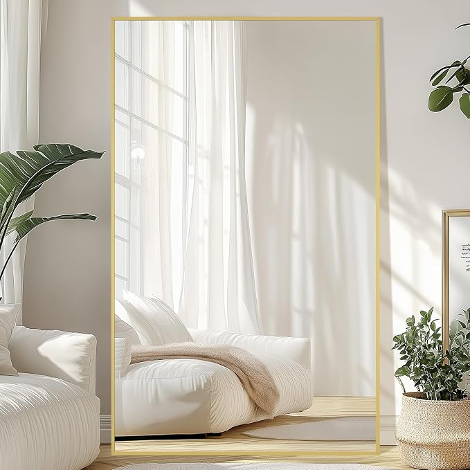 MirrMuse Large Mirror Full Length 72"X44",Oversized Floor Mirror with Stand | Gold Aluminum Alloy Frame, Free Standing, for Gym Bedroom Living Room, Hanging or Leaning, Shatterproof Tempered Glass