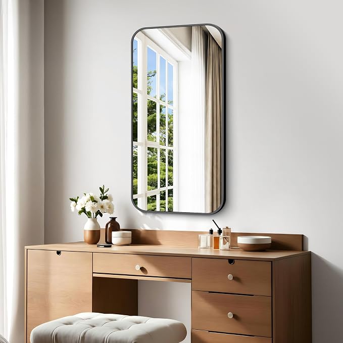 BONEWEI 20x36 inch Bathroom Mirror 2-Pack,Black Rectangle Mirror,Wall Mounted Bathroom Frame Vanity Mirror with Round Corner for Bedroom Living Room, Entryway Hangs Horizontal or Vertical