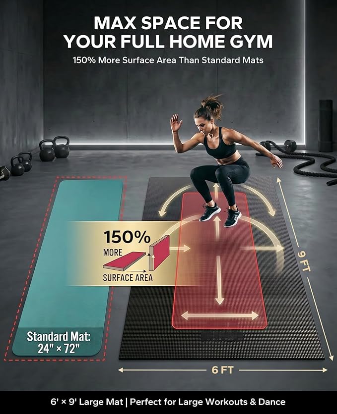 HAPBEAR Large Exercise Mat-6'x4'/7'x5'/6'x8'/6'x9'/6'x10'/6'x12'x 1/3"(8mm) | Non-Slip, Ultra Durable, Thick Workout Mat for Home Gym Flooring, Cardio, Yoga & Fitness; High-Density, Shoes-Friendly