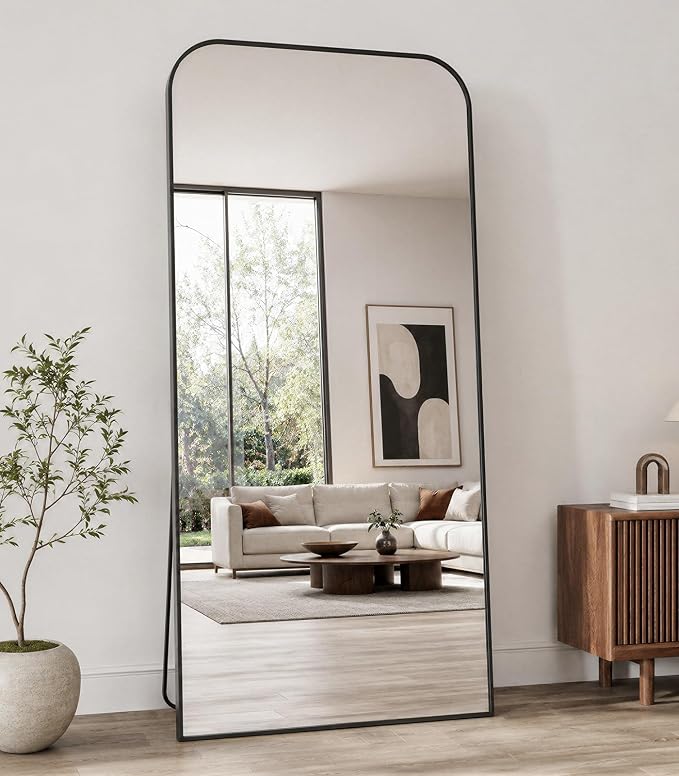 Koonmi Full Length Mirror, 67"x30" Mirror Full Length with Stand | Domed Top Square-Edged ShatterProof Floor Mirror with Black Aluminum Alloy Frame for Bedroom Living Room Home Gym