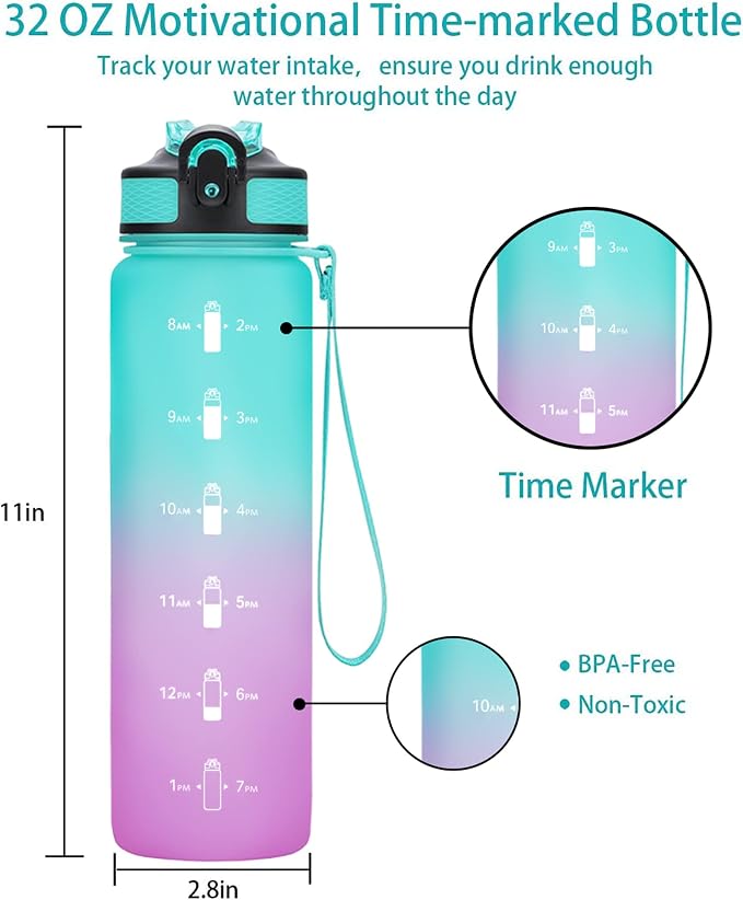 EYQ 32oz Water Bottle with Straw, Time Marker, Blue Purple | Blue Purple Tritan, BPA Free, Time Marker, Leakproof Lock Lid, Wide Mouth, for Gym, School, Office and Travel