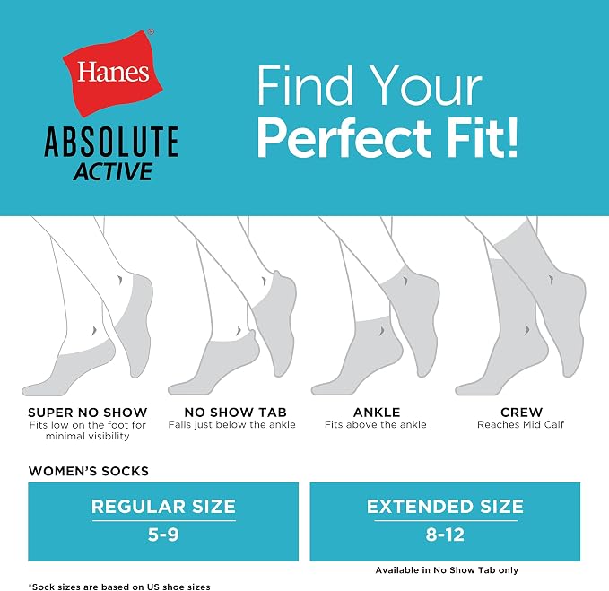 Hanes Women's Socks, 4-pack, Absolute Active Cushioned Moisture-wicking Best Women's Socks, Crew, Ankle and No Show