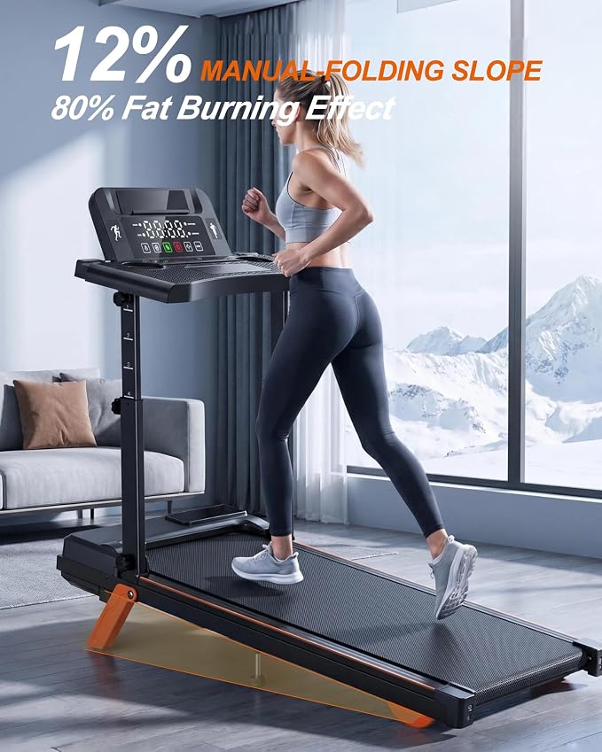 12% Incline Multifunctional Walking Pad with Height-Adjustable Handle Bar and Built-in Removable Desk, 8.0MPH/3.5HP Small Treadmill, 350LBS Weight Capacity Compact Treadmills (Black Orange)