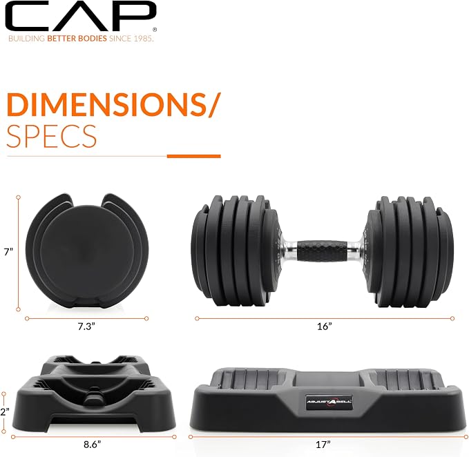 CAP ADJUSTABELL Adjustable Dumbbell Set, Premium Quick Select Adjustable Weights for Strength Training, Singles & Pairs, 12.5 LB, 25 LB & 55 LB, Round & Hex Dumbbells, Multiple Grip Handle Options