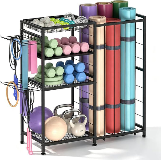 Yoga Mat Holder 4 Tier Home Gym Storage Rack with Hooks and Basket, Metal Sports Equipment Organizer for Dumbbells, Kettlebells, Exercise Balls and Sports Gear, Black