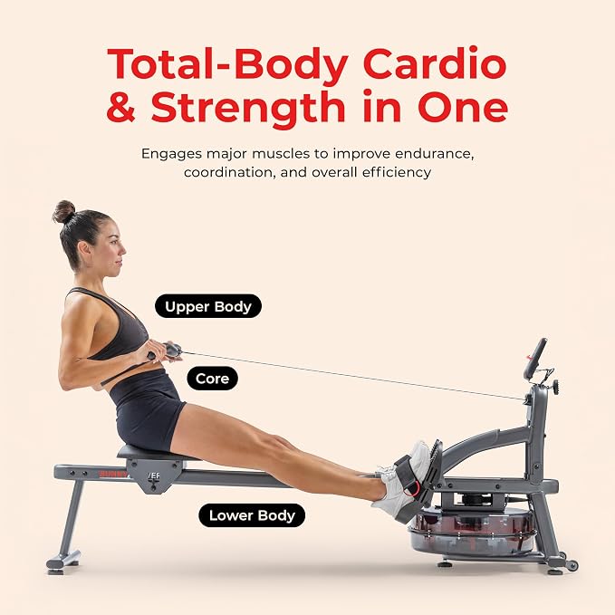 Sunny Health & Fitness Premium Water Rower w/Intensive Dynamic Real-Time Resistance, 300 LB Capacity Flip-able Rowing Machine for Home Training, Optional Free SunnyFit App Connection