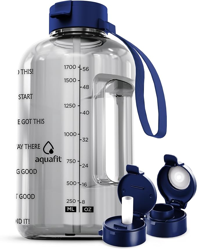 AQUAFIT Half Gallon Water Bottle with Time Marker - Straw & Chug Lid - BPA Free Gym Water Bottle with Straw - Big Gallon Jug (Clarity, 64 oz - 2 Lids) | BPA Free 64 oz Water Bottle with Straw and Chug Lids - Leakproof Gym Water Bottle with Carry Handle...
