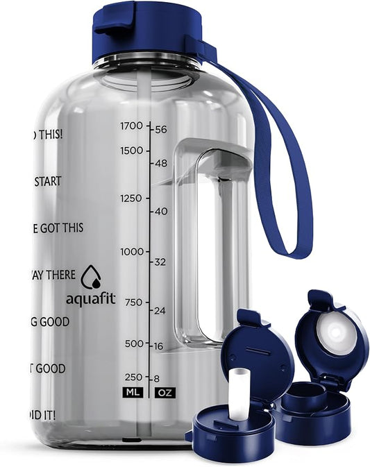 AQUAFIT Half Gallon Water Bottle with Time Marker - Straw & Chug Lid - BPA Free Gym Water Bottle with Straw - Big Gallon Jug (Clarity, 64 oz - 2 Lids) | BPA Free 64 oz Water Bottle with Straw and Chug Lids - Leakproof Gym Water Bottle with Carry Handle...