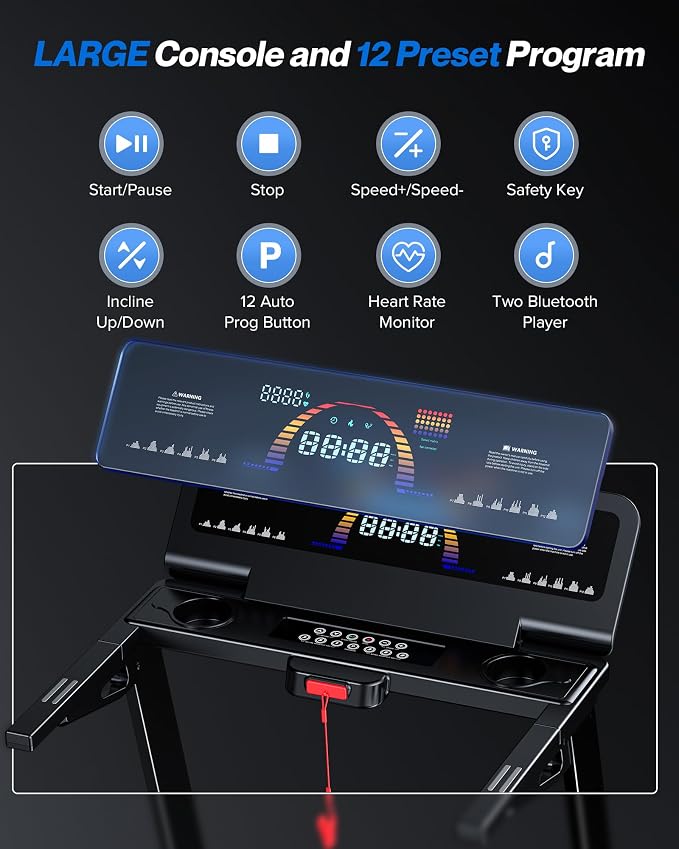 WELLFIT Treadmill with 15% Auto Incline, Foldable Heavy Duty Treadmill | 5.0HP, 10 MPH, 500 lbs Capacity, 20'' x 50'' Running Area Treadmills with Pulse Sensor, Bluetooth Player & Large LED Display