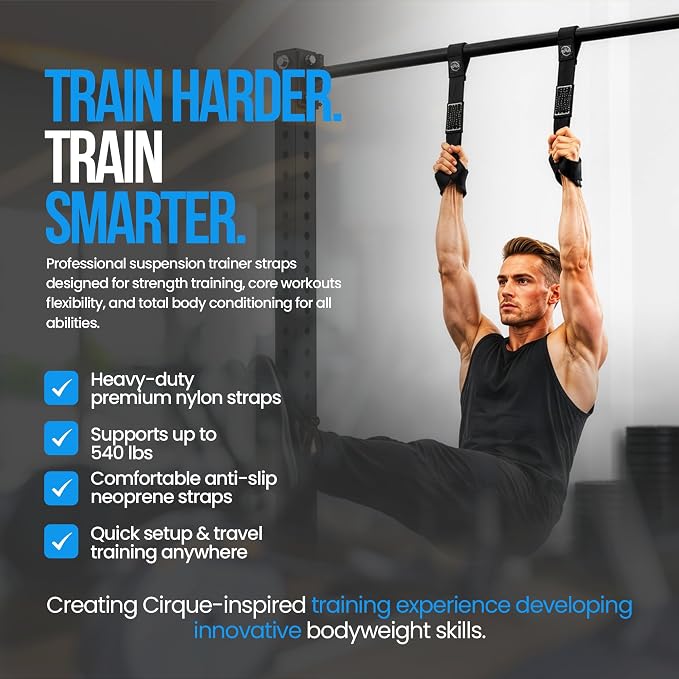 Suspension Trainer Straps – Premium Nylon Bodyweight Fitness Straps for Home & Gym Workouts, Adjustable Exercise Straps with 540lbs Load Capacity, Black, Pair