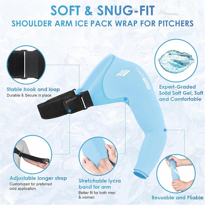 ComfiTECH Shoulder Arm Ice Pack Wrap for Pitcher & Recovery, Blue, M | Flexible Gel Ice Pack for Shoulder & Elbow & Arm Cooling, Adjustable Arm Cold Sleeve for Throwing Recovery & Muscle Comfort