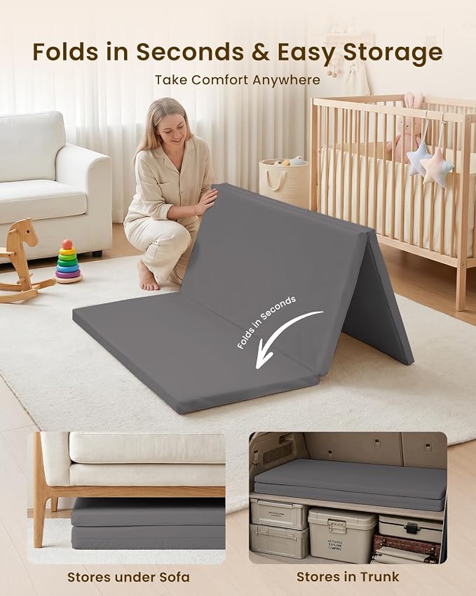 SEPARO Foldable Baby Play Mat,Vegan Leather 47x47 Baby Mat for Floor,Grey | Trifold Waterproof Playmat for Babies,Soft Foam Tumbling Mat,Wipe-Clean&Non-Slip Outdoor Mats,Playmate for Baby Tummy Time