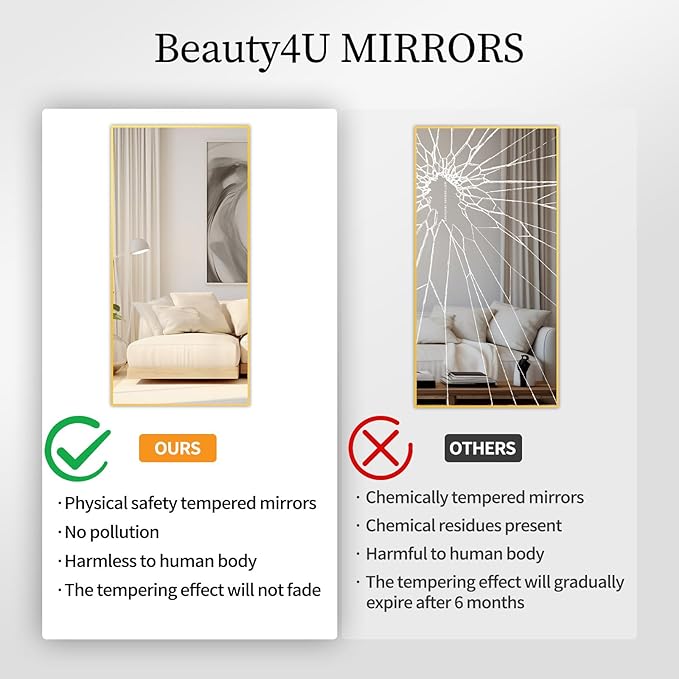 Beauty4U 59" x 16" Full Length Mirror with Stand, Gold Floor Mirror | Standing, Leaning, or Wall-Mounted Tempered Glass Full Body Mirror with Metal Frame for Bedroom, Closet, Modern Home Decor