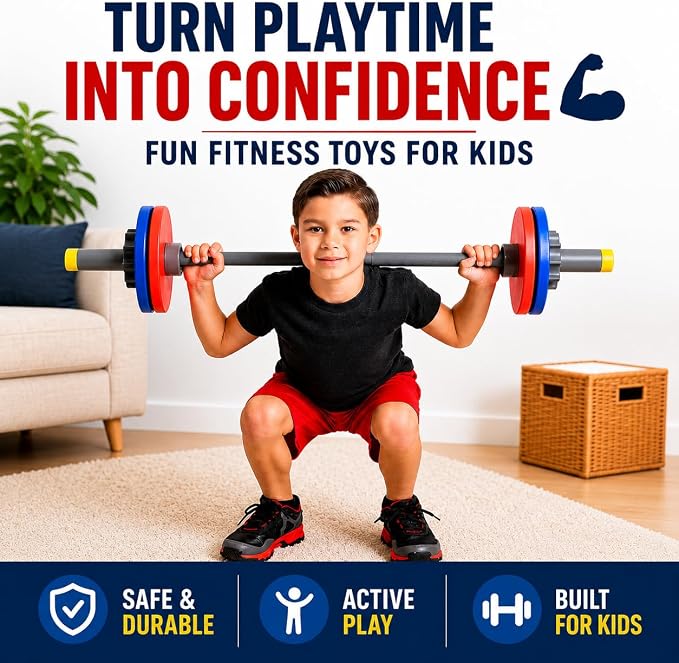 WOD Toys® Barbell Mini - Adjustable Kids Barbell Toy Weight Set for Kid Fitness, Weightlifting and Power lifting - Safe, Durable Kid's Gym Workout and Exercise Equipment for Toddlers and Children