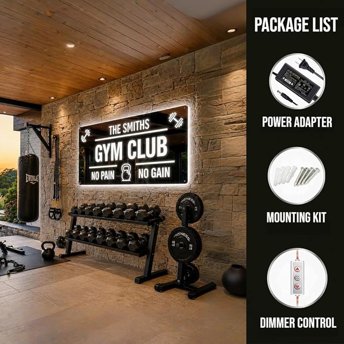 Large Custom LED GYM Sign, Handmade Persoanlized 3D Mirror Gym Dumbbell Barbell Light Sign for Home, Light up Sign for Man Cave, Garage Gym & Fitness Room Sport Workout Room