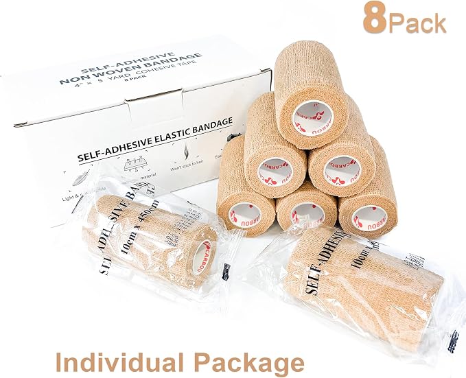 [8 Pack 4" x 5 Yards] Beige-Self Adhesive Cohesive Bandage Wrap, Self Adherant Non-Woven Wrap Rolls, Atheletic Tape for Wrist, Ankle, Hand, Leg, Premium-Grade Medical Stretch Wrap