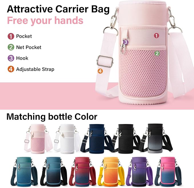 DYSANKY Insulated Water Bottle | Thickened Stainless Steel Vacuum Metal | Portable Sports Water Jug for Gym and Hiking with Straw, Carrier Bag, Handle Strap | BPA-Free 32 oz, Pink