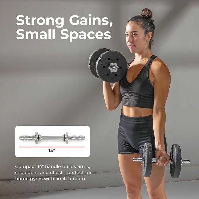 Sunny Health & Fitness Threaded Dumbbell w/Star-Lock Collars, 14"- 24" Pair | 1" Plate Compatible, Chrome Handle, 110 lb Capacity, 25mm Knurled Grip, Star-Lock Collars, Home Gym Training