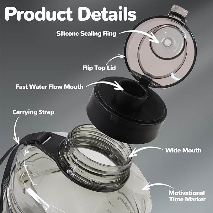 Large Water Bottle with Motivational Time Marker，74oz Water Jug BPA Free | Leak-Proof, Half Gallon Water Bottle for Sport Gym Camping Workout Outdoors(Clear)