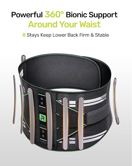 Rakiie Back Brace for Women Men, Integrated Lumbar Support, Breathable Soft Mesh Fabric and 8 Stays All-round Support, Durable Back Support With Lumbar Support Pad for Home & Lifting At Work, Green Size L