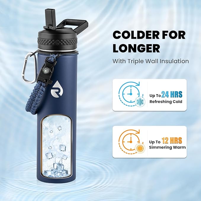 RAYMYLO Insulated Water Bottle 24 oz, Triple Wall Vacuum Stainless Steel | (Cold for 24Hrs, Hot for 12Hrs), Leak Proof & Non-BPA, Modern Water Flask Jug with Paracord Handle & Straw Spout Lids