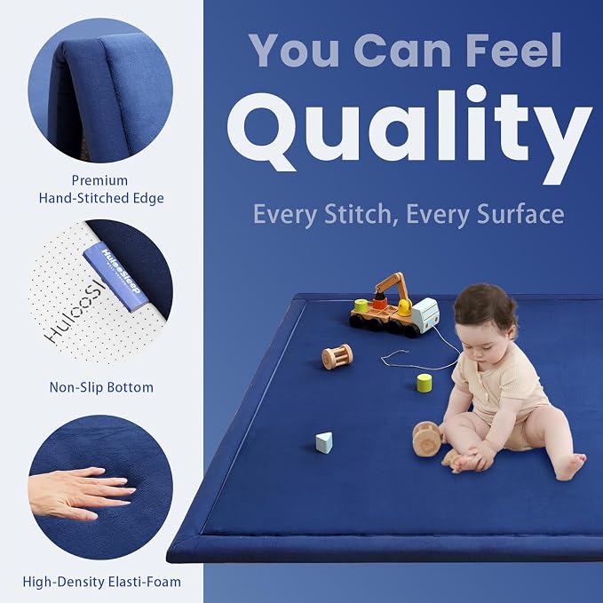 Huloo Sleep Baby Play Mat for Floor,1.3" Thick Elasti-Foam 50x50 Playpen Mat for Toddlers Infant Kids,Water-Repellent Soft Coral Velvet Tummy Time Non Slip Crawling,Tatami(Dark Blue)